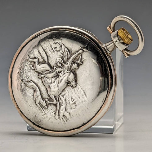 Around 1925 Vintage Longines pocket watch horse engraving hunter case on silver side works well